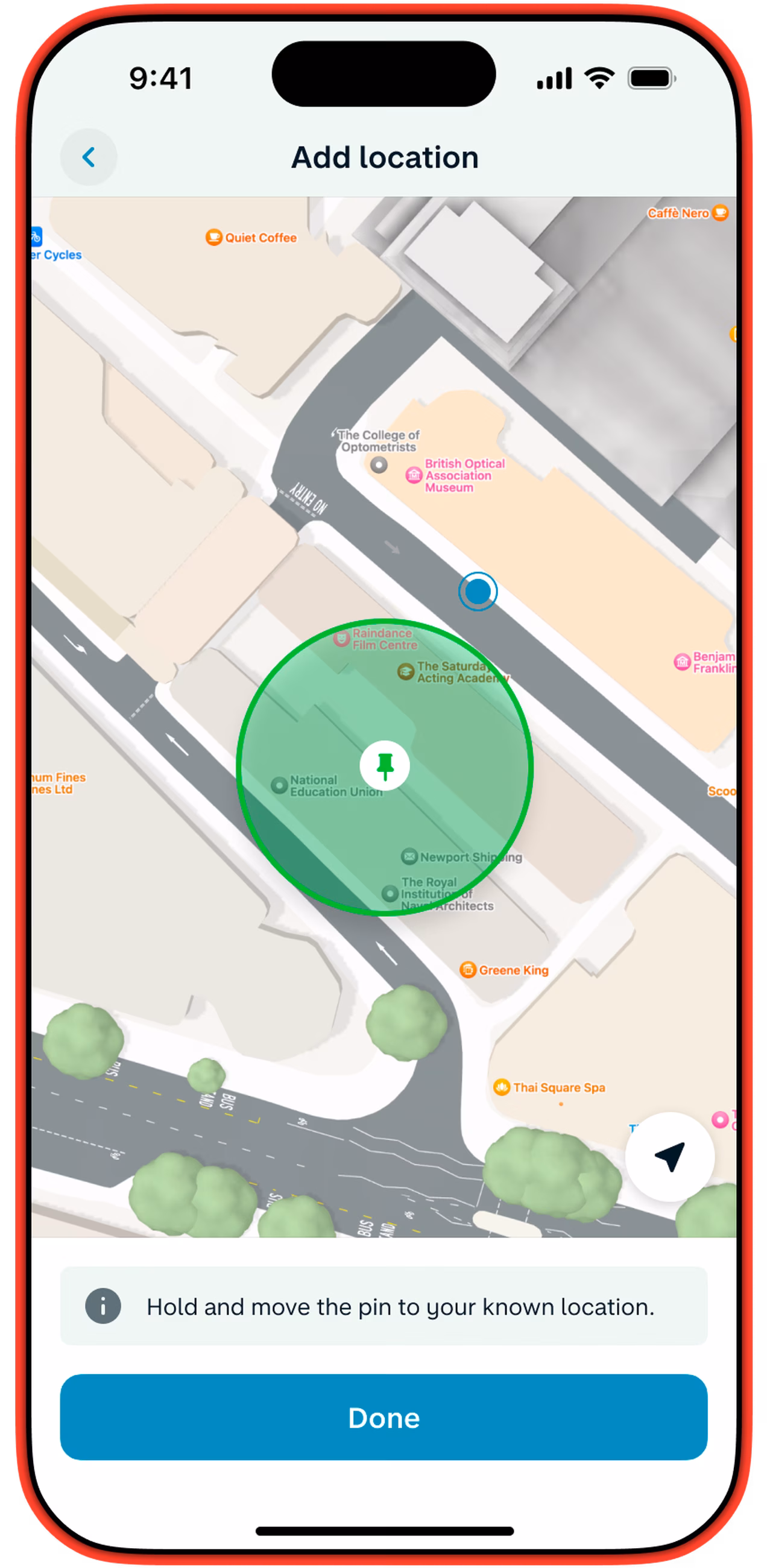 Map screen for setting a trusted location by placing a pin, or extra security on large payments
