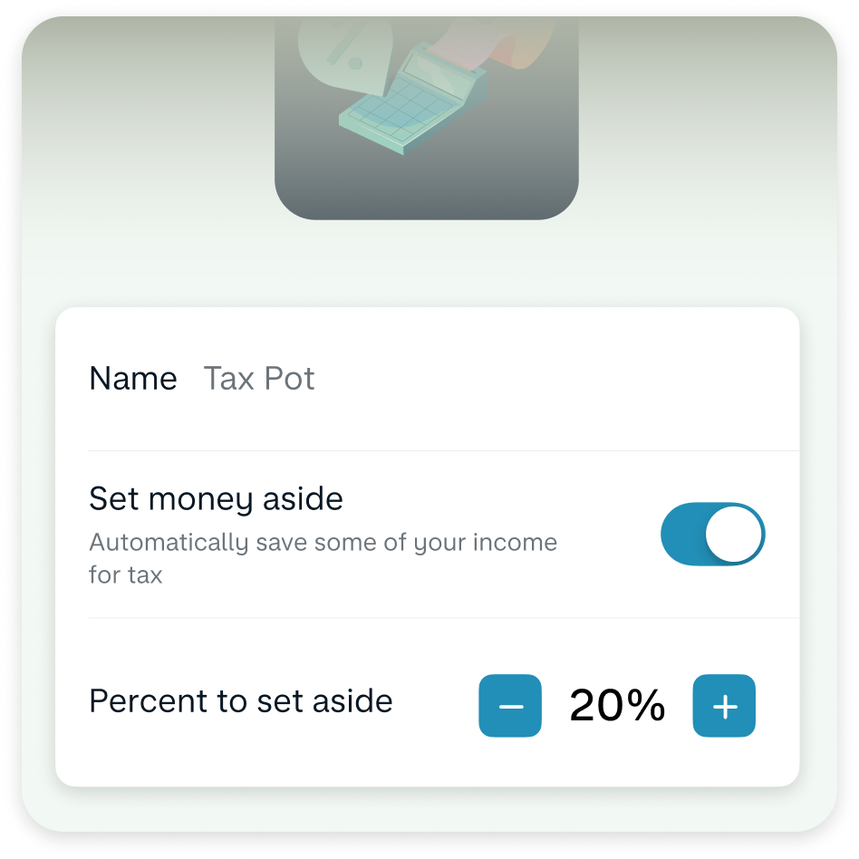 Banking app screen showing ‘Tax Pot’ settings with a toggle to automatically set aside money for tax and a 20% savings rate selected.