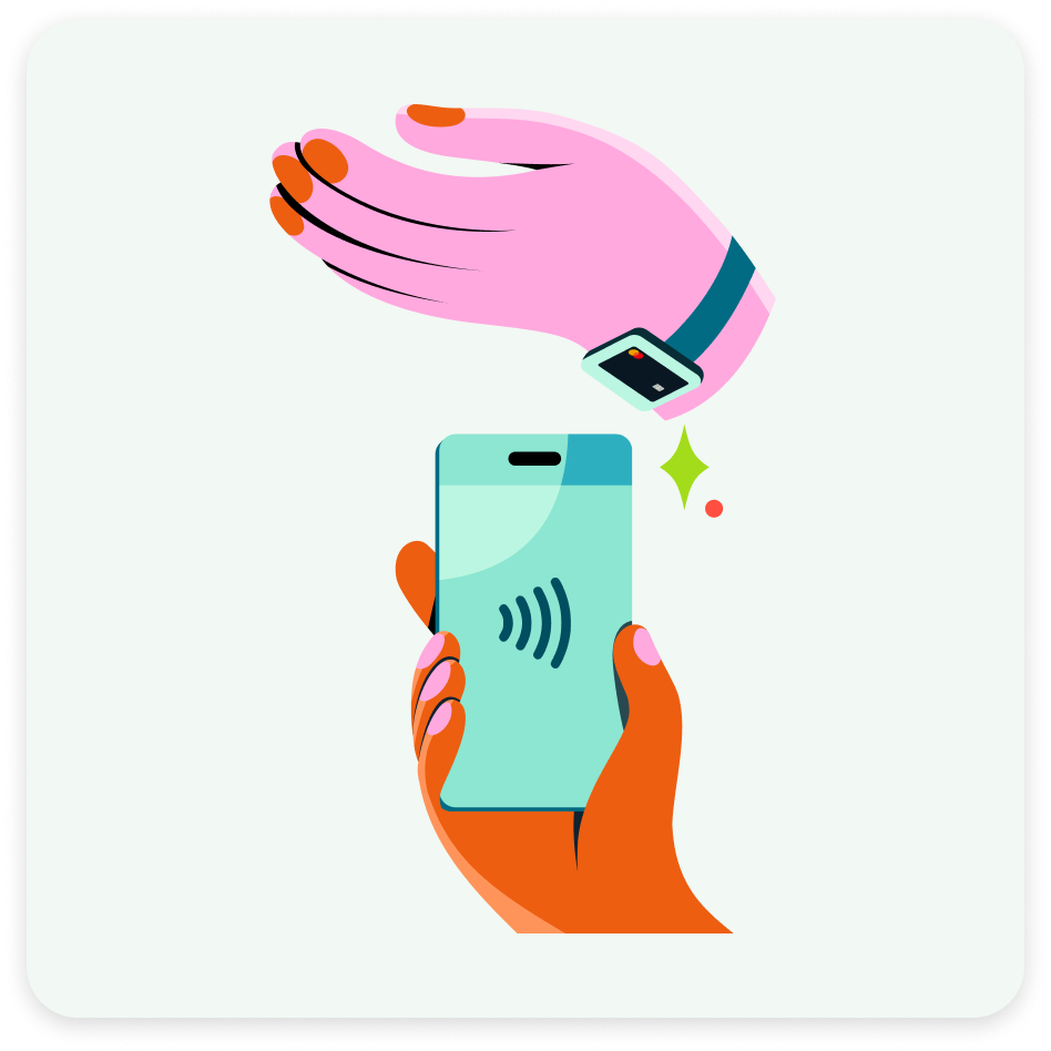 Illustration of a smartwatch held over a phone showing the contactless symbol.