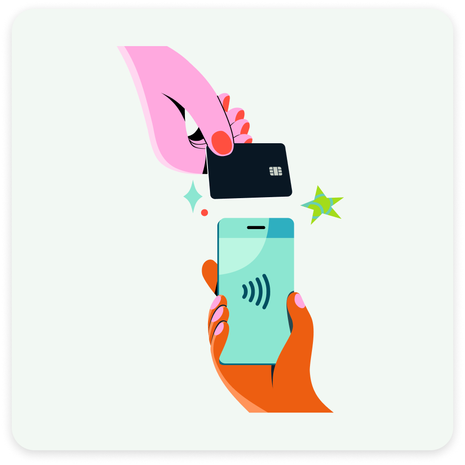 Illustration of a payment card being tapped on a phone showing the contactless symbol.