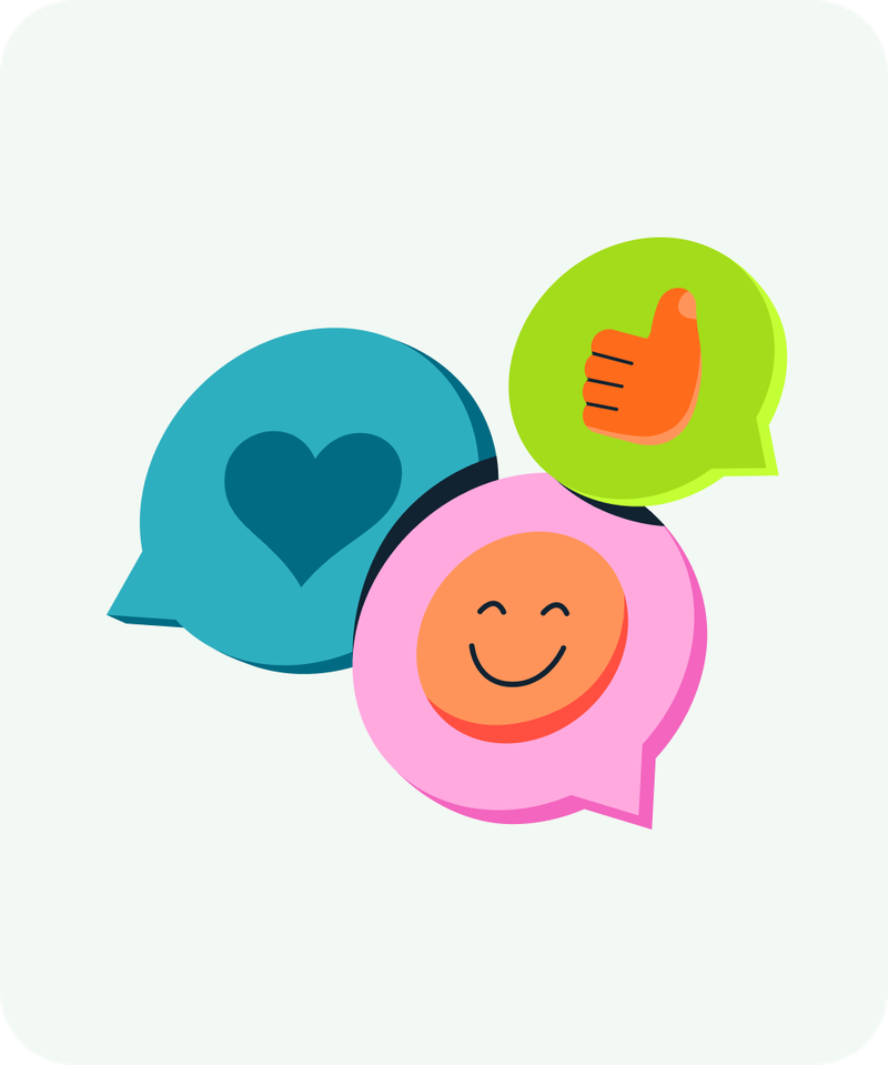 Illustration of three speech bubbles containing a heart, a thumbs-up and a smiley face