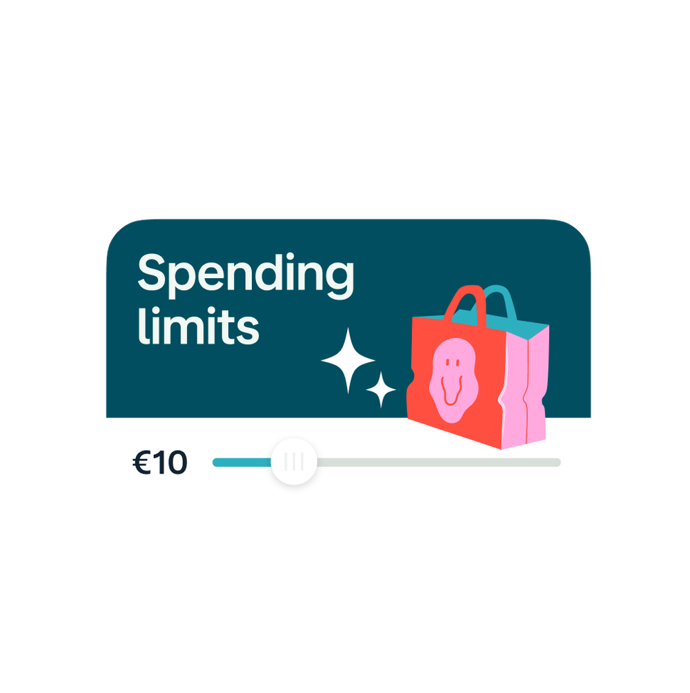 Image that reads 'spending limits with an image of a shopping bag and a slider set at €10. 