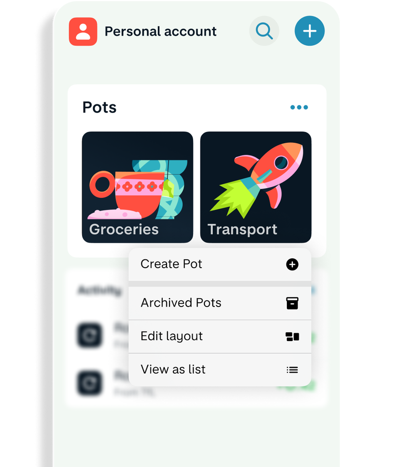 Monzo app showing the Pots section with 'Groceries' and 'Transport' Pots and a menu to create, archive or edit them