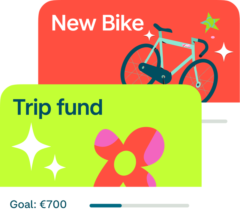 An illustration showing two Pots side by side: one called "trip fund" with an image of a pink flower on a neon yellow background, with a goal of €700. And the other called "new bike" with a picture of a bike on a hot coral background. 