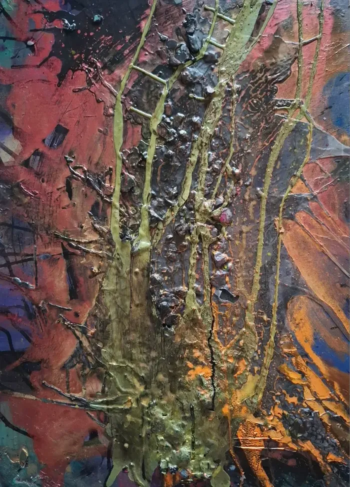 Strukturiertes Mixed-Media-Gemälde „Epizentrum" von Anne Leinen – abstrakte Erdschichten in Rot, Orange und Schwarz, dreidimensionale Oberfläche