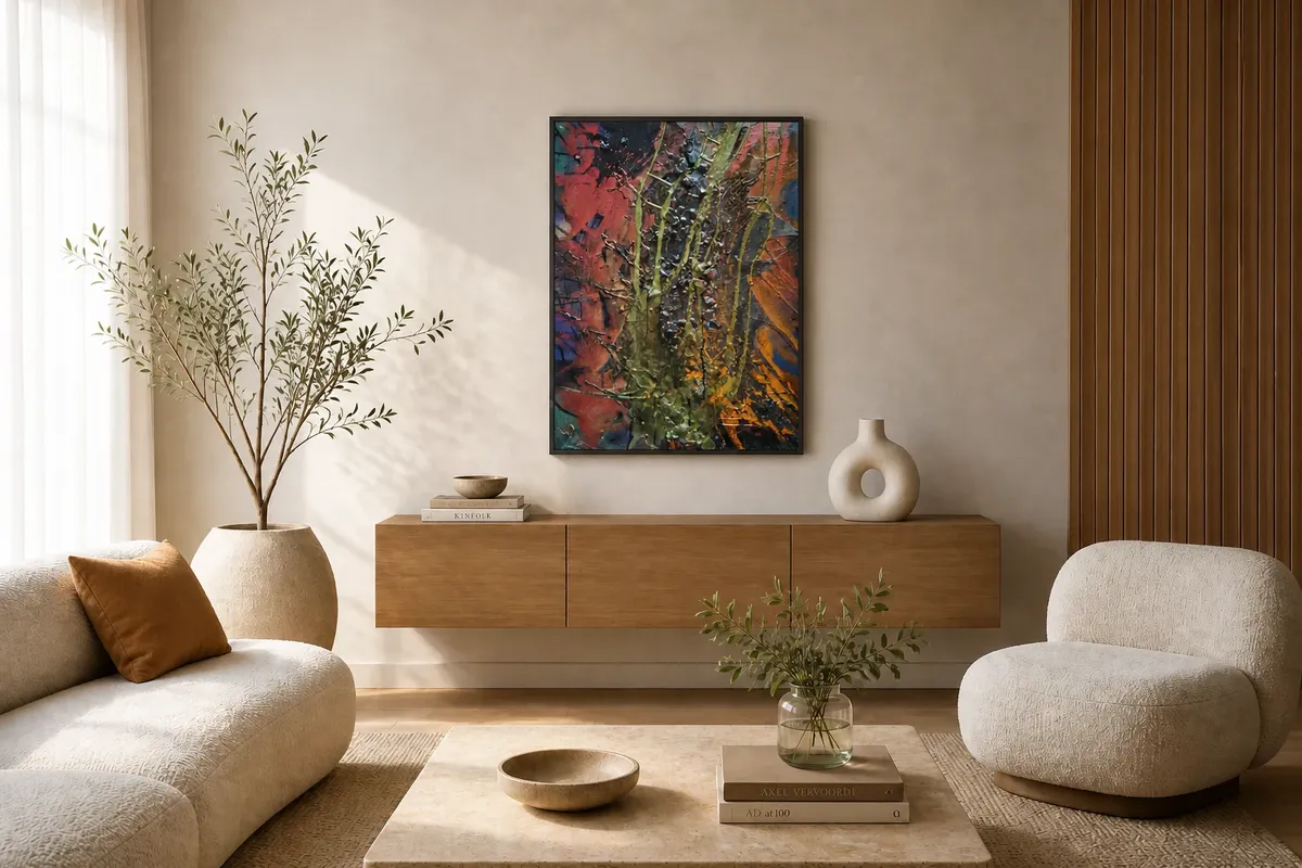 Strukturiertes Mixed-Media-Gemälde „Epizentrum" von Anne Leinen – abstrakte Erdschichten in Rot, Orange und Schwarz, dreidimensionale Oberfläche