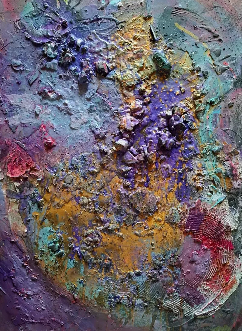 Farbenfrohes Mixed-Media-Gemälde „Vibrant Energy" von Anne Leinen – Violett, Pink, Türkis und Gold auf Leinwand