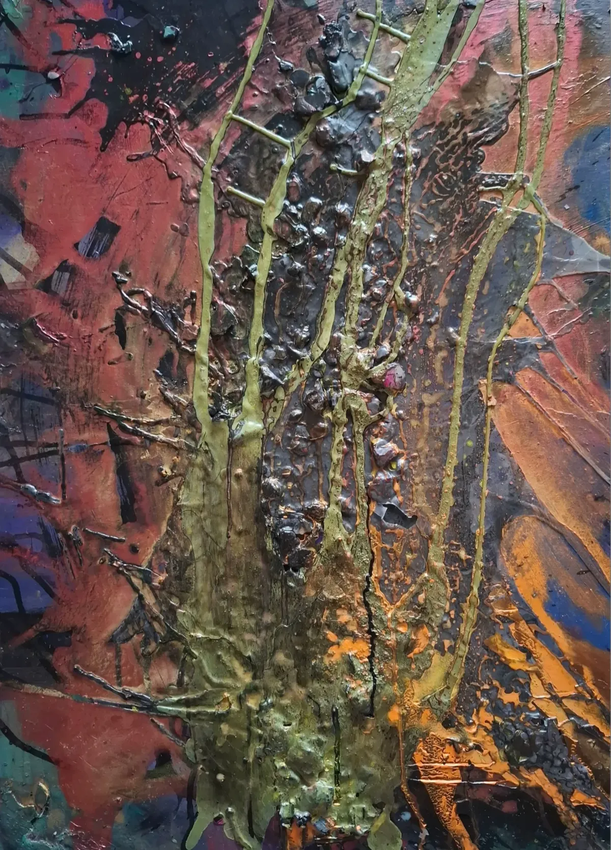 Strukturiertes Mixed-Media-Gemälde „Epizentrum" von Anne Leinen – abstrakte Erdschichten in Rot, Orange und Schwarz, dreidimensionale Oberfläche