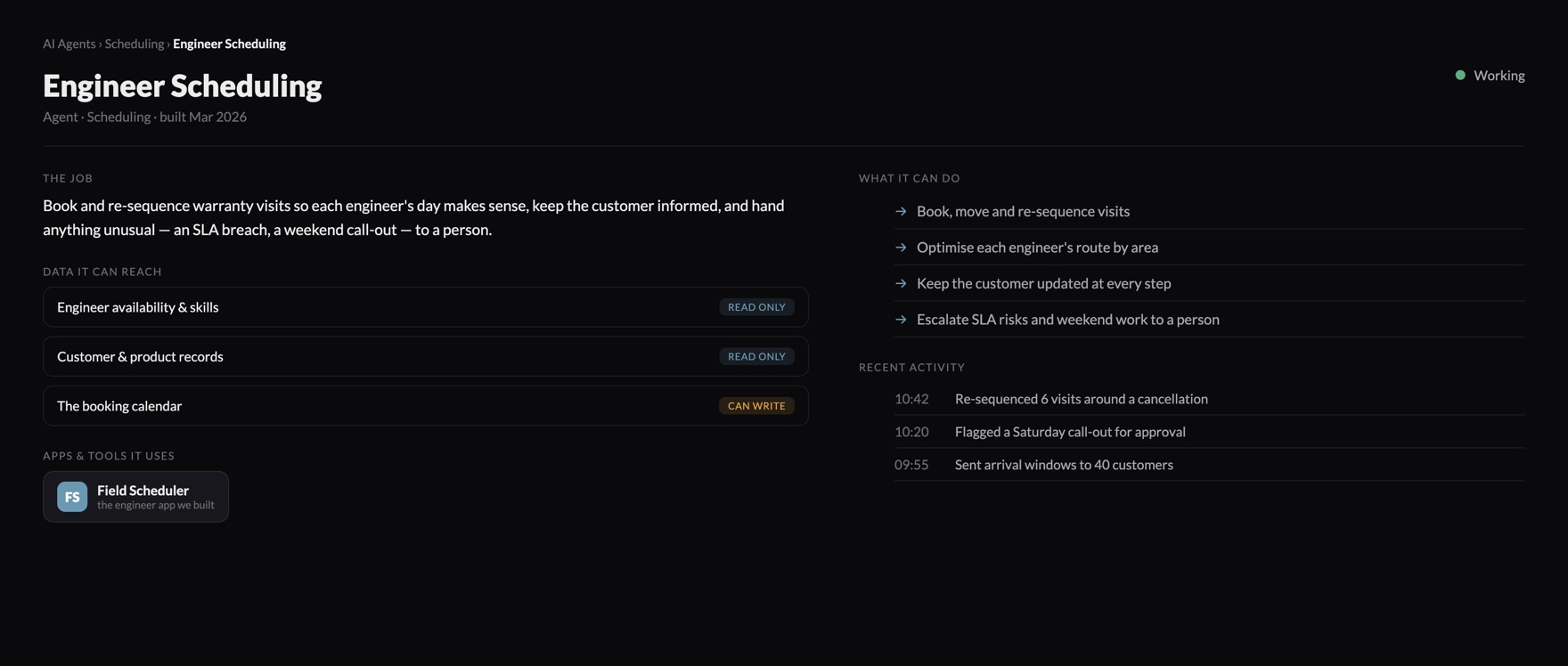 The AI Agents view: open any agent to see its job, the data it can reach, and the tools it uses.