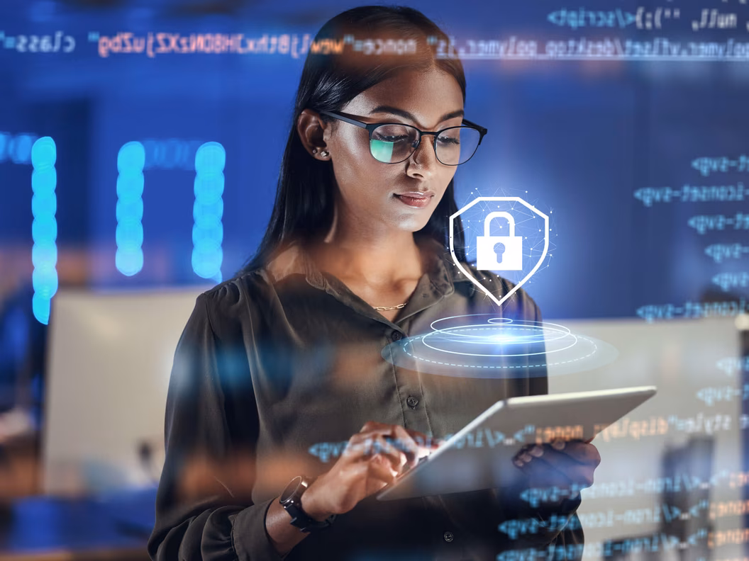 Tablet and woman working with cybersecurity coding
