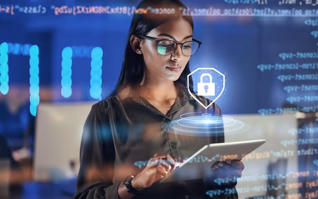 Tablet and woman working with cybersecurity coding