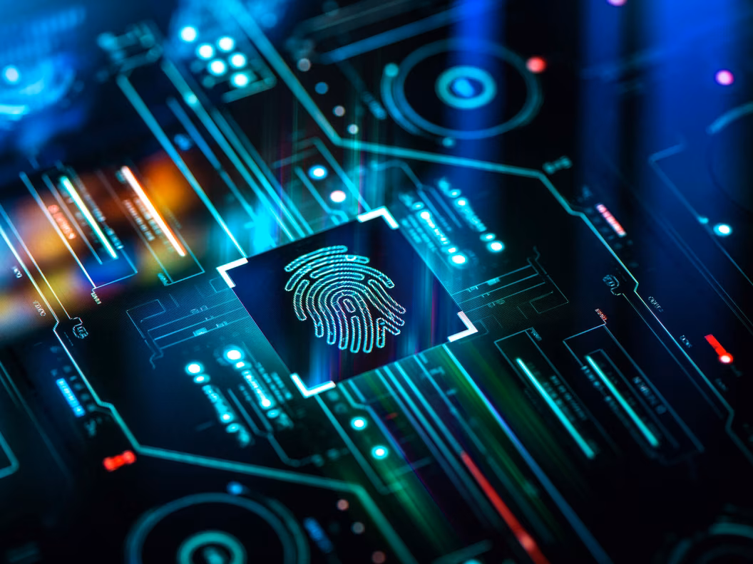 Biometrischer Fingerabdruckscanner auf futuristischem Bildschirmtechnologiehintergrund