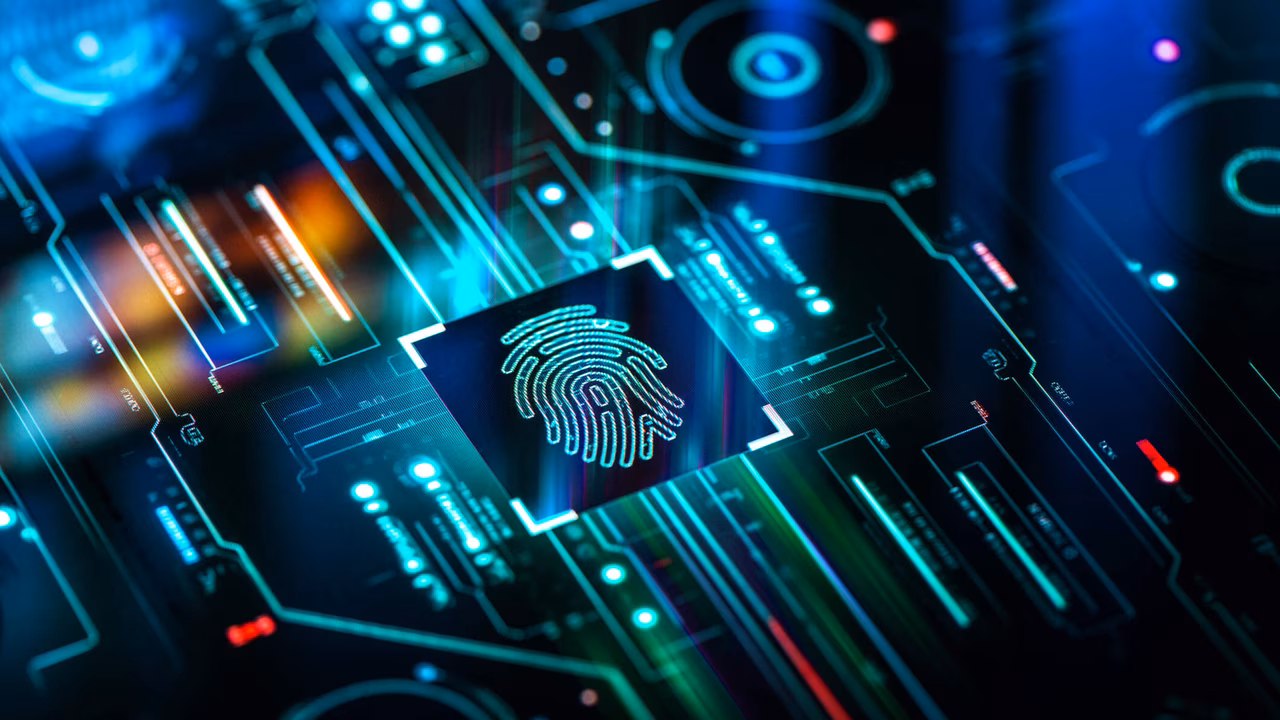 Biometrischer Fingerabdruckscanner auf futuristischem Bildschirmtechnologiehintergrund