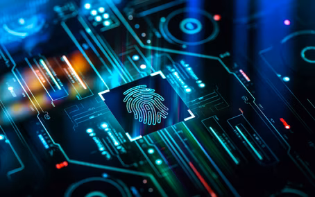 Biometrischer Fingerabdruckscanner auf futuristischem Bildschirmtechnologiehintergrund