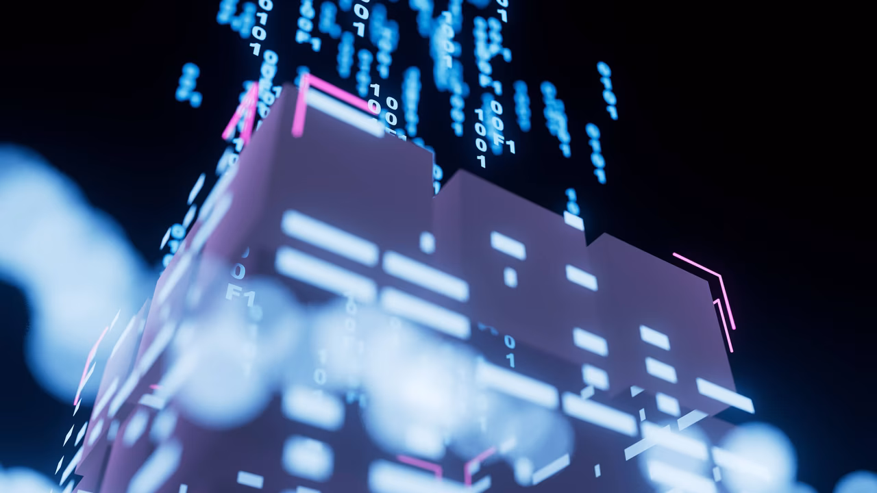 Digitale Datenströme fließen um eine Gebäudestruktur und zeigen eine lebendige Darstellung von Technologie und Innovation