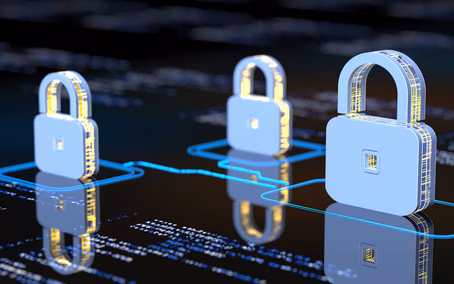 Abstract image of IT security consulting, digital flows leading to digital locks