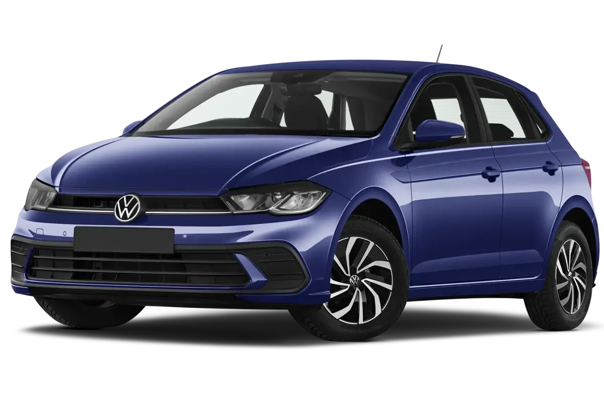 Blue Volkswagen Polo hatchback, front three-quarter view, alloy wheels, white background.