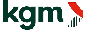 KGM logo in dark green lowercase letters with a red and green striped chevron symbol on the right.