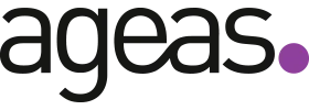Ageas company logo with black lowercase text and a purple dot replacing the period.