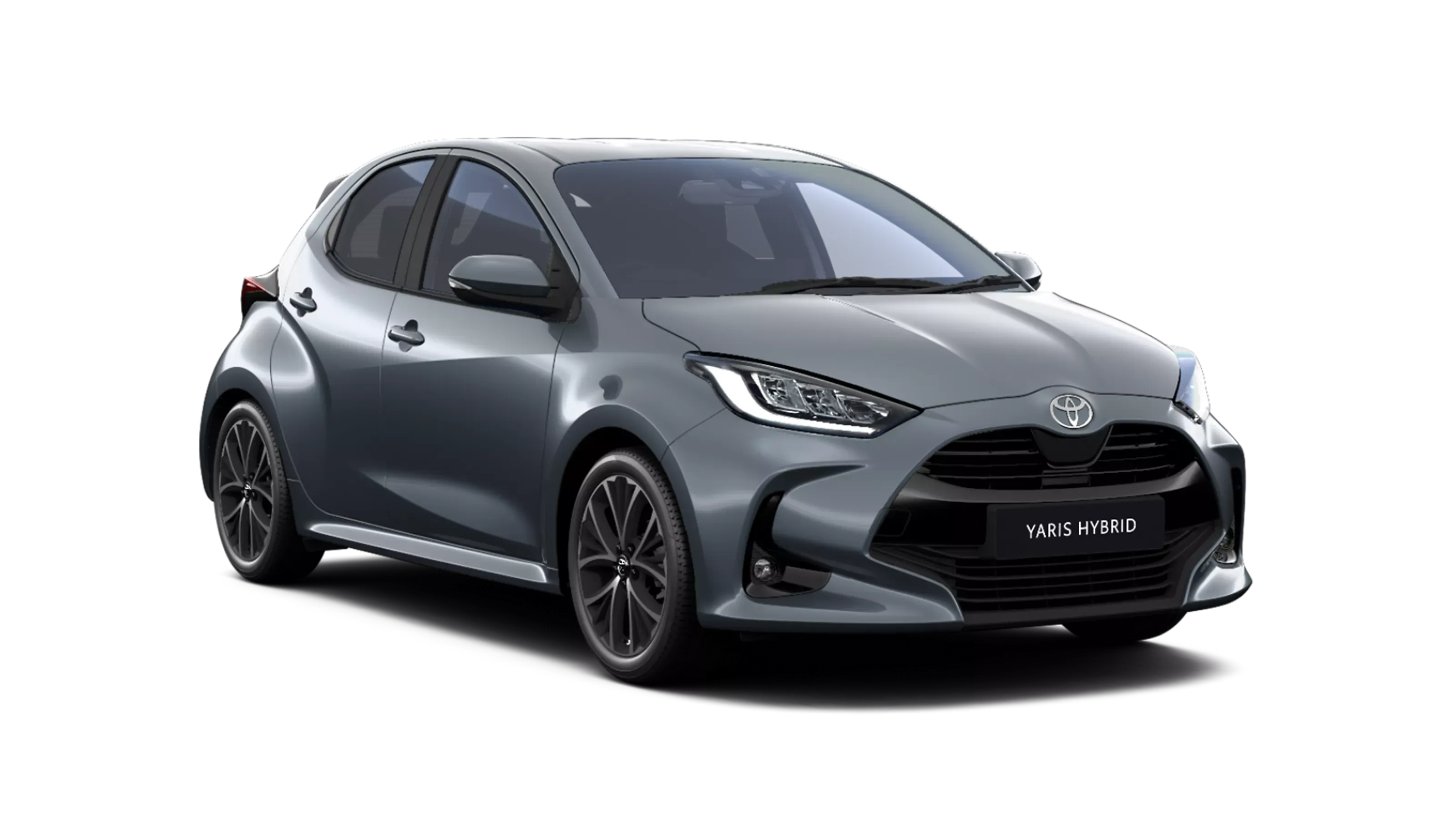 Toyota Yaris Hybrid hatchback in metallic grey, front three-quarter view, featuring LED headlights and dark alloy wheels.