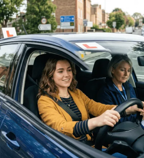 A professional driving instructor supervising a smiling learner driver in a blue tuition vehicle navigating a public UK street.