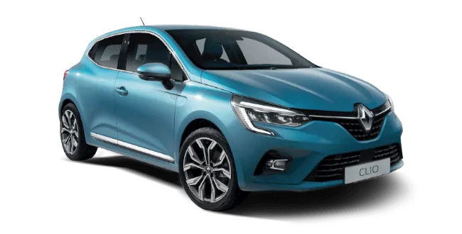Renault Clio hatchback in metallic teal blue, side-front view, on white background.