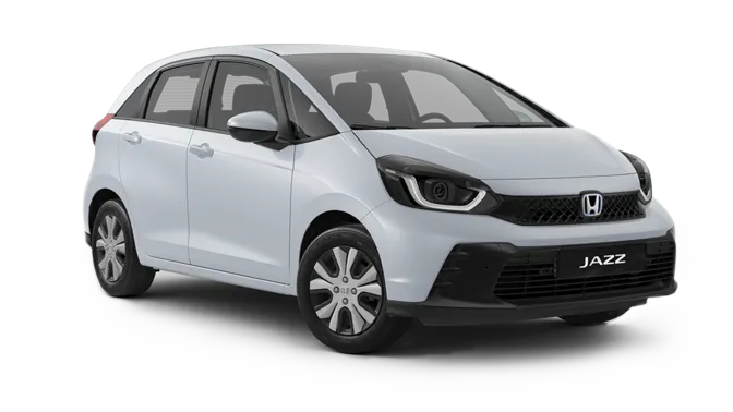 White Honda Jazz hatchback on white background, front three-quarter view showing modern styling and Jazz badging.