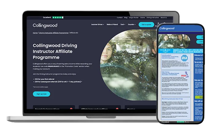 Laptop and smartphone displaying Collingwood's Driving Instructor Affiliate Programme webpage with sign-up details.