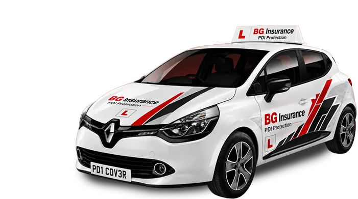 White Renault learner car with BG Insurance branding and red‑black stripes, L‑plates, and roof sign on a white background.