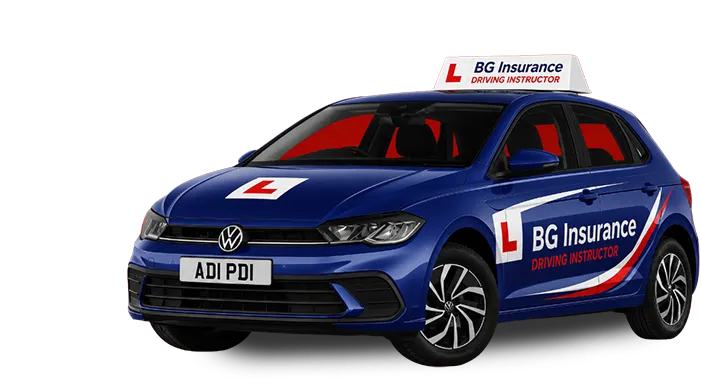 Blue Volkswagen driving school car with BG Insurance branding and L plates on roof, bonnet and doors.