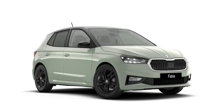 Škoda Fabia hatchback in light mint green with black alloy wheels, shown in a 3/4 front view on white background.