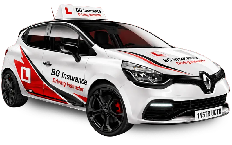 White Renault learner car with BG Insurance Driving Instructor branding and L-plates, viewed from front side on a white background.