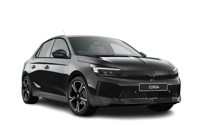 Dark grey Vauxhall Corsa hatchback, front three-quarter view, featuring sleek LED headlights and alloy wheels on white background.