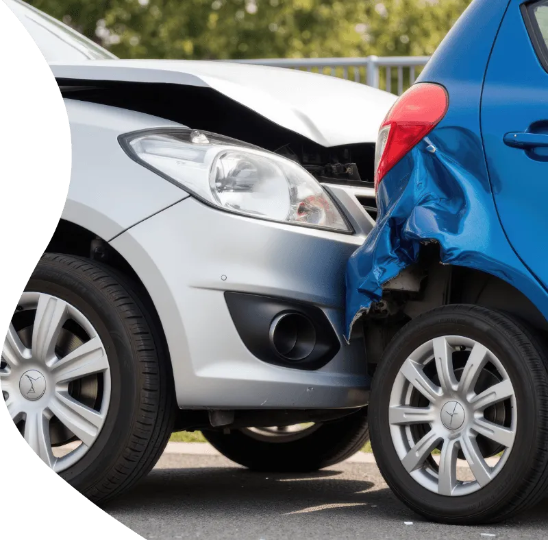A silver car rear-ending a blue car, illustrating a non-fault accident where driving instructor legal expenses cover helps recover lost tuition earnings.