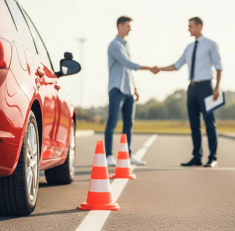 Two men shaking hands near a red car and orange traffic cones on a driving test course, one holding a clipboard.