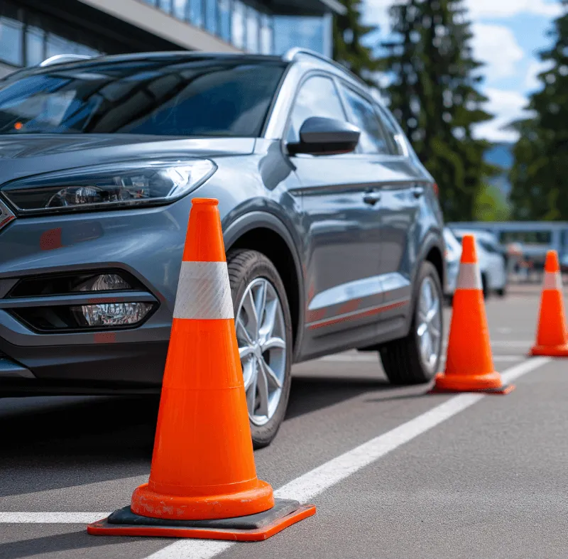 A gray SUV navigating through orange traffic cones on a driving course, with trees and a building in the background.