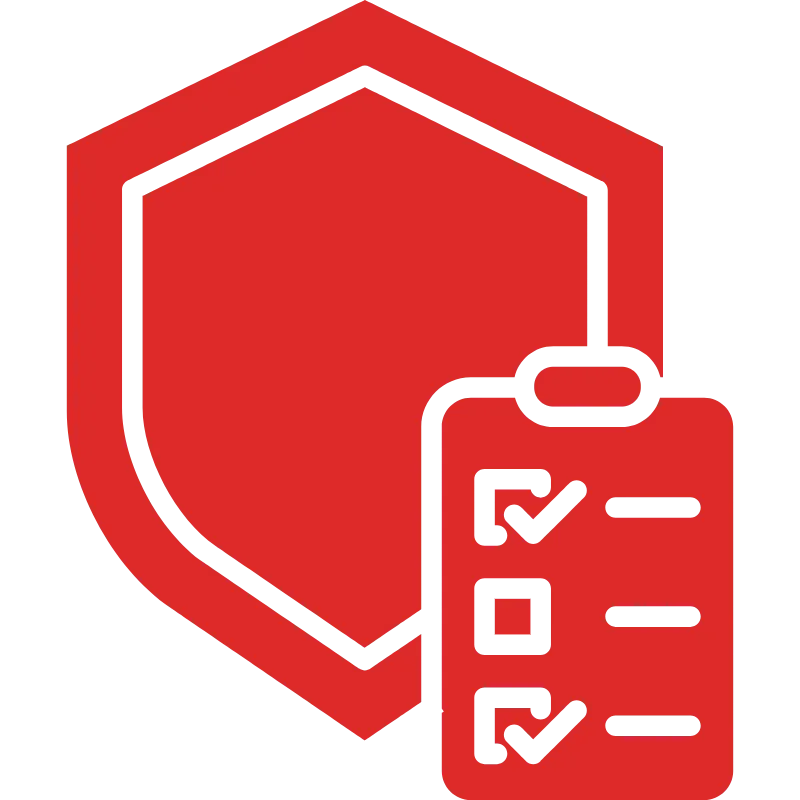 Red shield icon with a checklist clipboard, symbolizing security compliance or protected tasks.