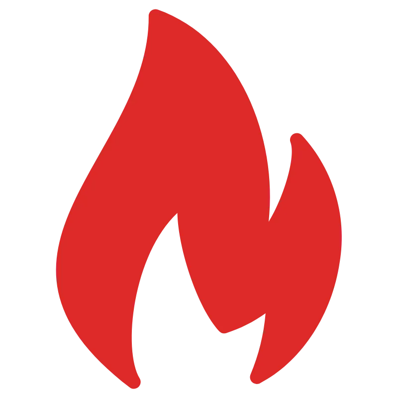 Red stylized flame icon on a black background.