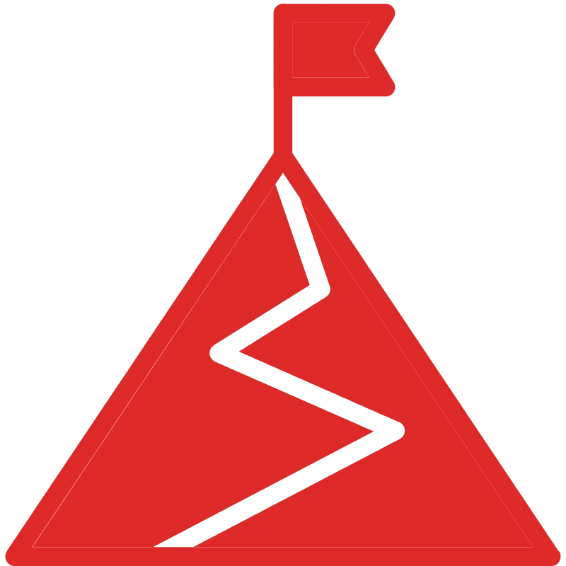 Red triangular mountain icon with a winding black path leading to a flag at the summit.