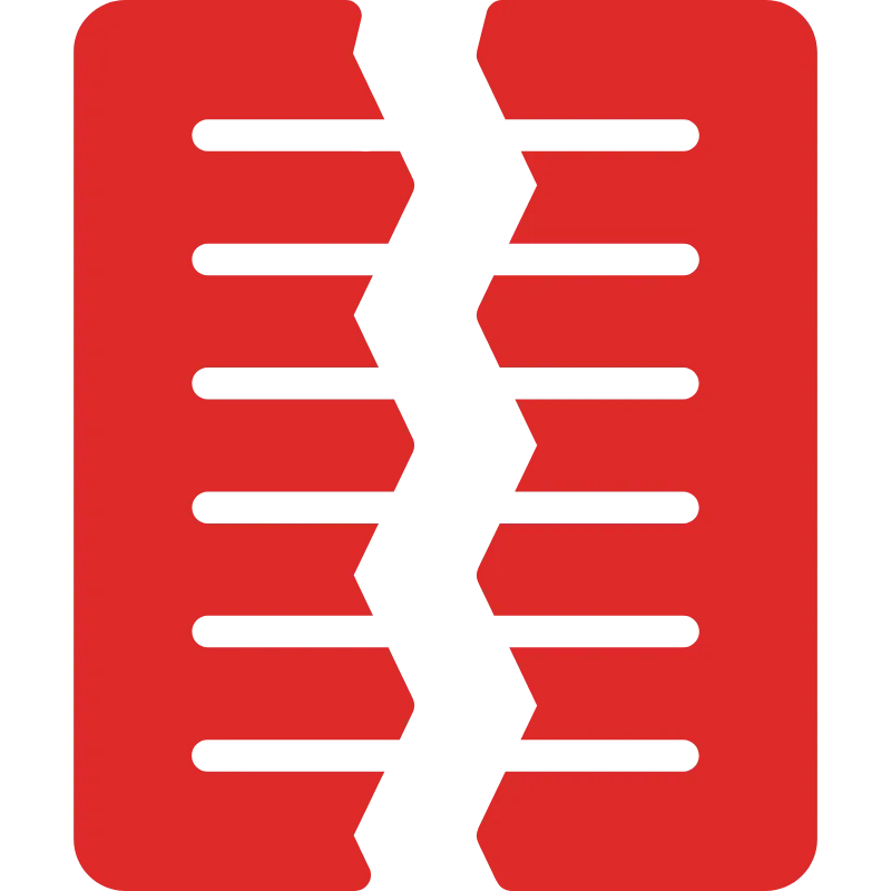 Red rectangular icon with a jagged vertical black crack and six horizontal black lines across it.