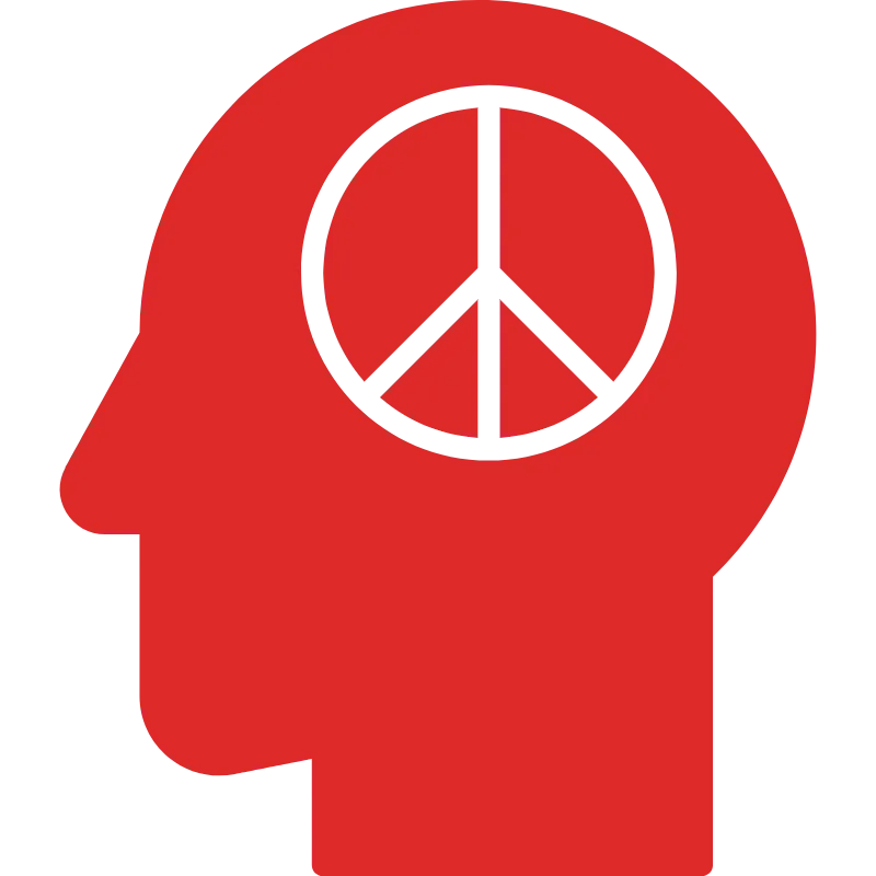 Red silhouette of a head with a black peace symbol inside, symbolizing peaceful thoughts or a calm mind.