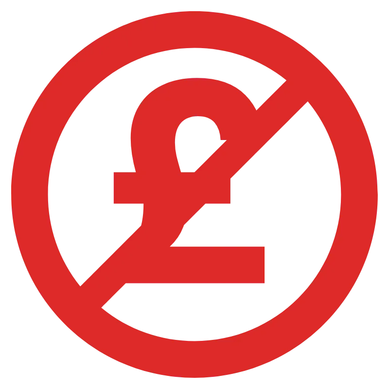Red pound sterling symbol crossed out inside a red circle, indicating no money or no British currency.