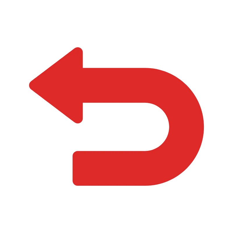 Bold red U‑turn arrow icon pointing left on a black background.