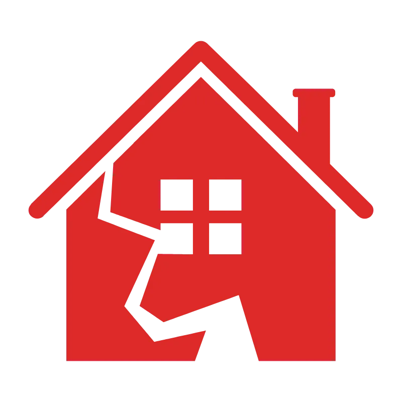 Red house icon with a large jagged crack running from the foundation up through the wall and window.