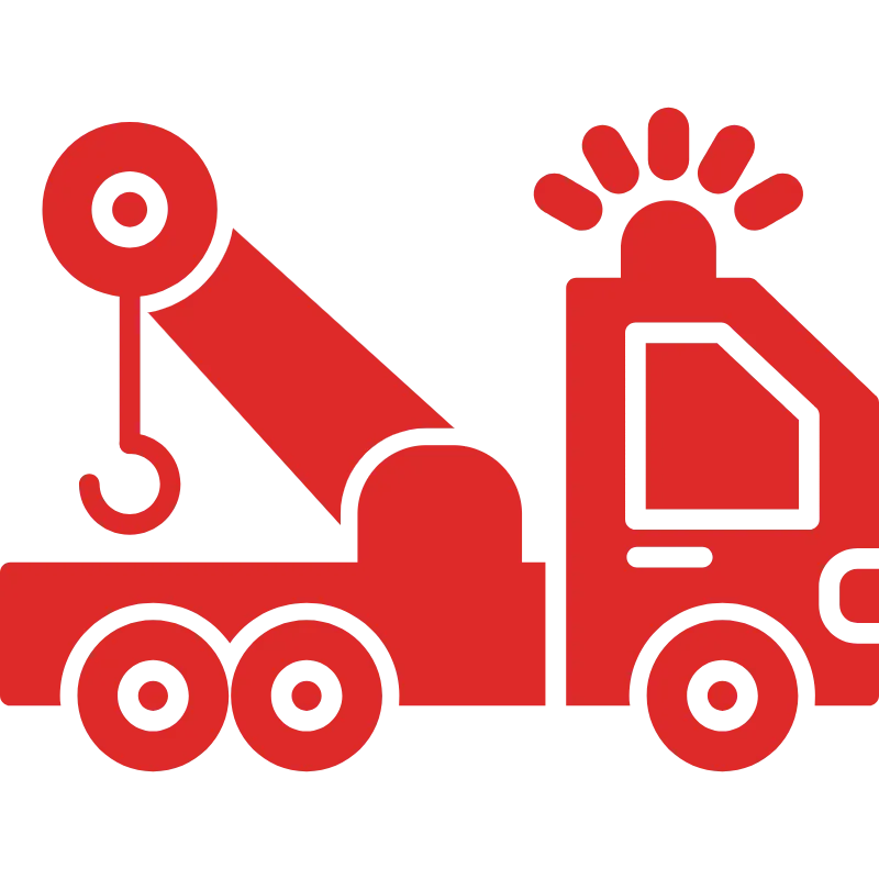 Red tow truck icon with a hook arm and flashing light on a black background.