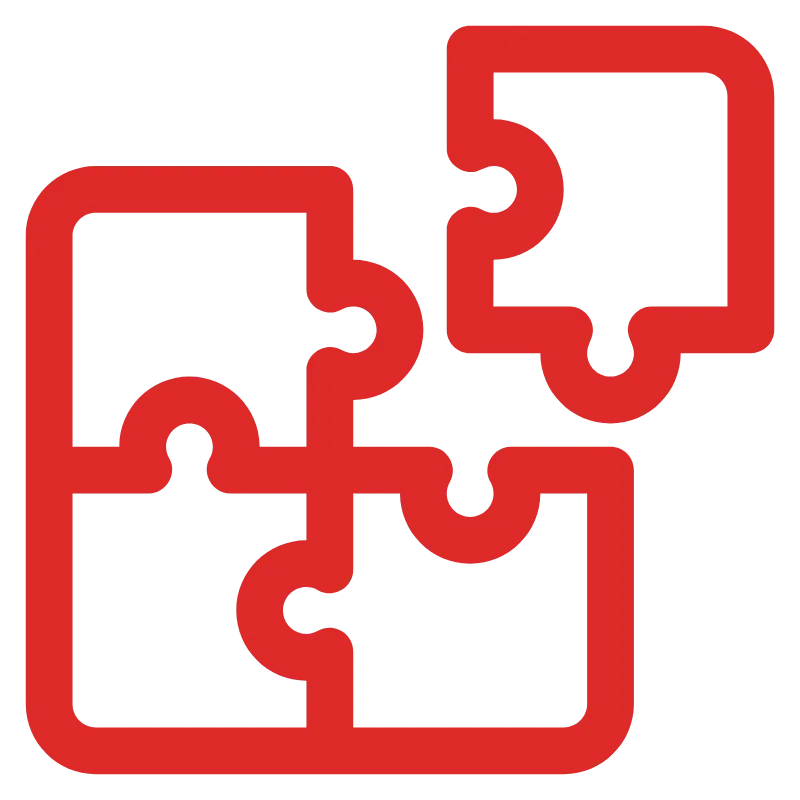 Red outline icon of four interlocking jigsaw puzzle pieces on a transparent background.