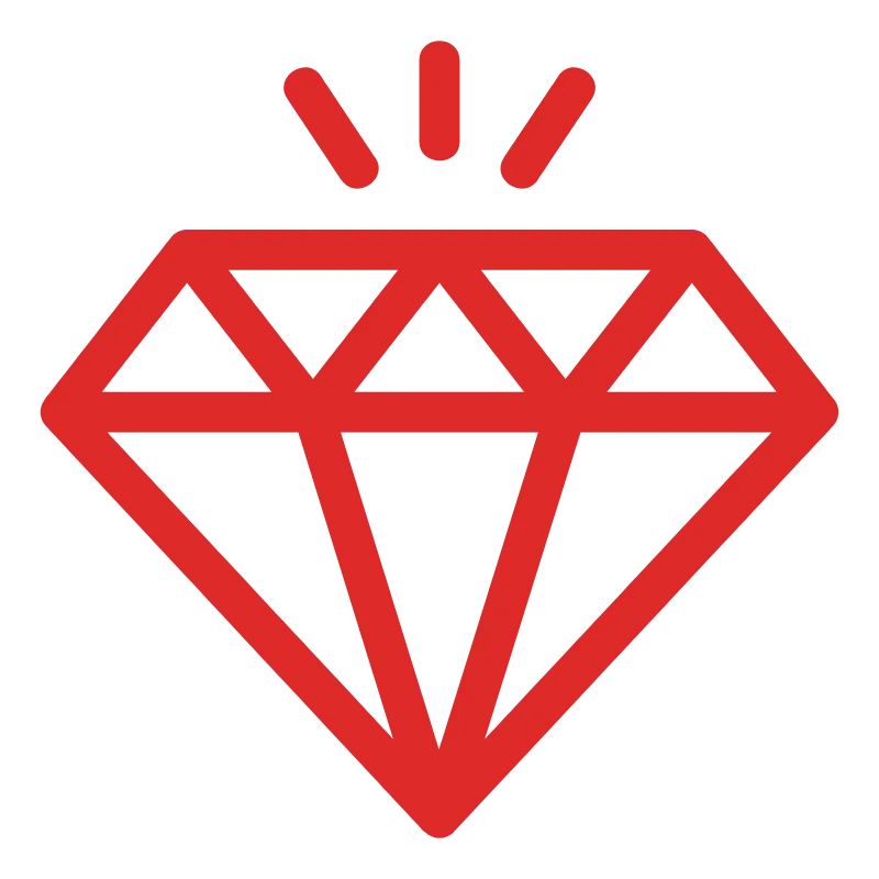 Red line-art diamond icon with three rays above it on a black background.
