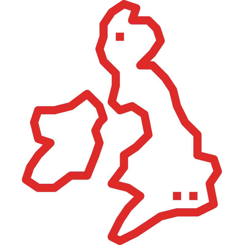 Red outline map of Great Britain and Ireland on black, with three square markers highlighting locations.