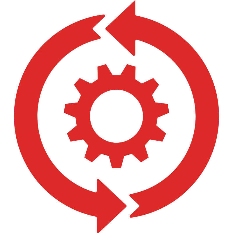 Red gear inside a circular arrow loop, symbolizing process automation or continuous system improvement.