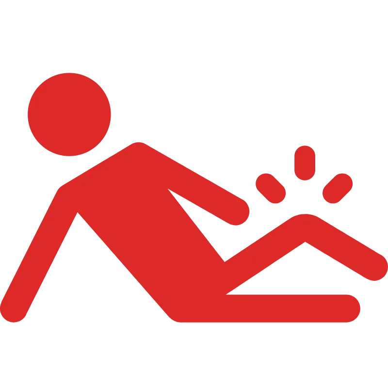 Red stick figure slipping and falling backward with impact lines by the leg, symbolizing a trip or fall hazard.